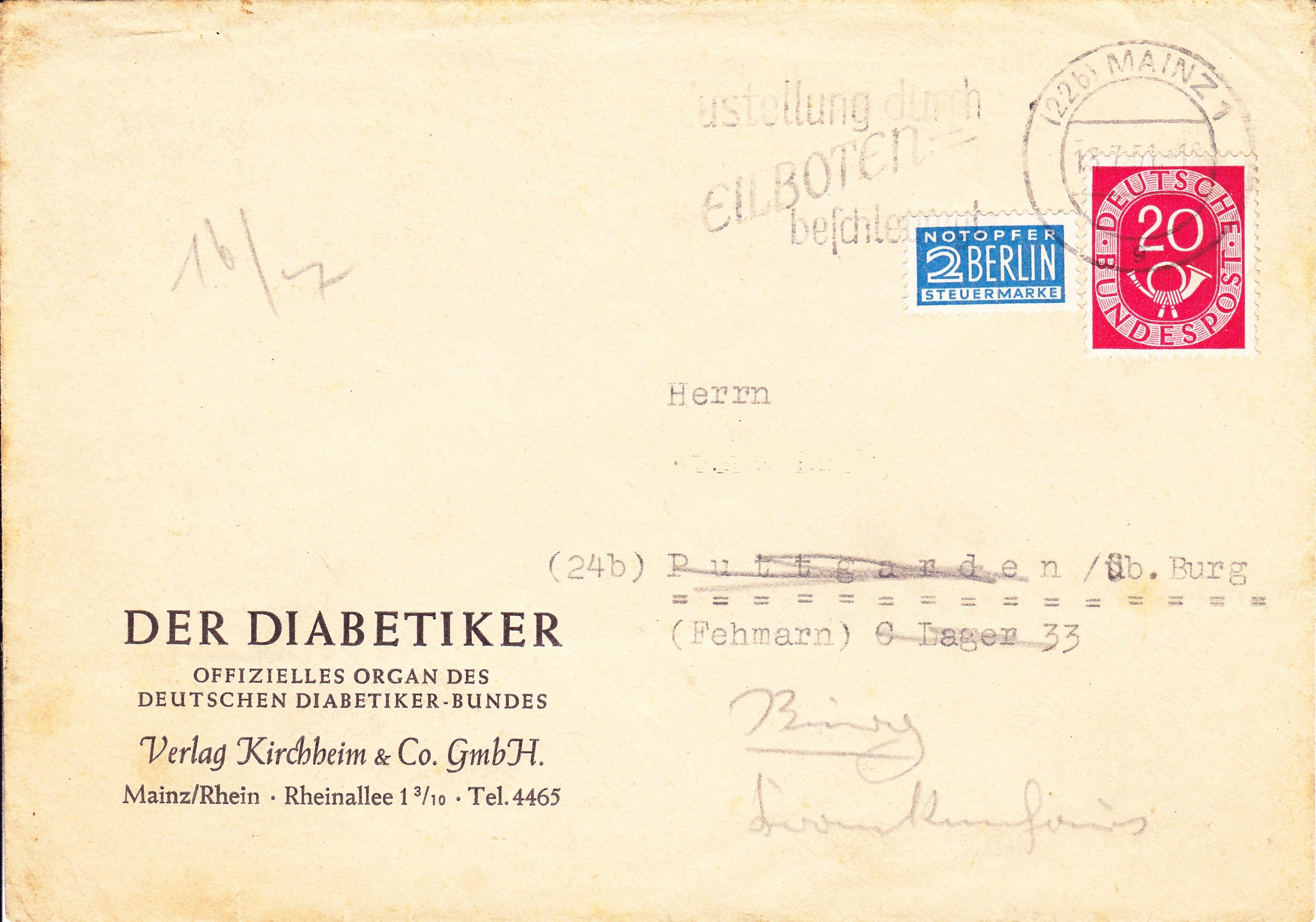 Brief, BRD, 1951, Absender Der Diabetiker