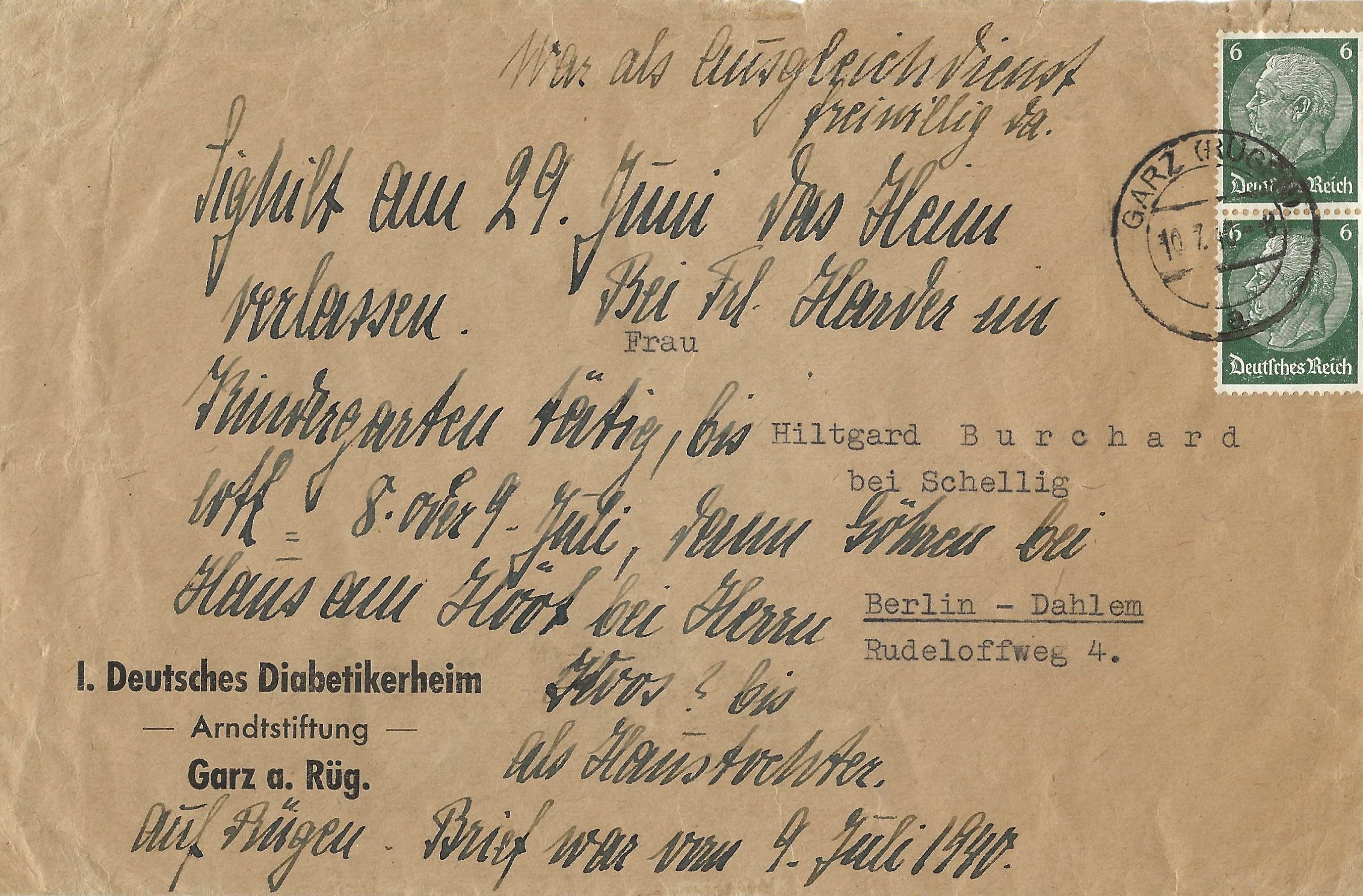 Brief, DR, 1940, Abs. 1. Deutsches Diabetikerheim