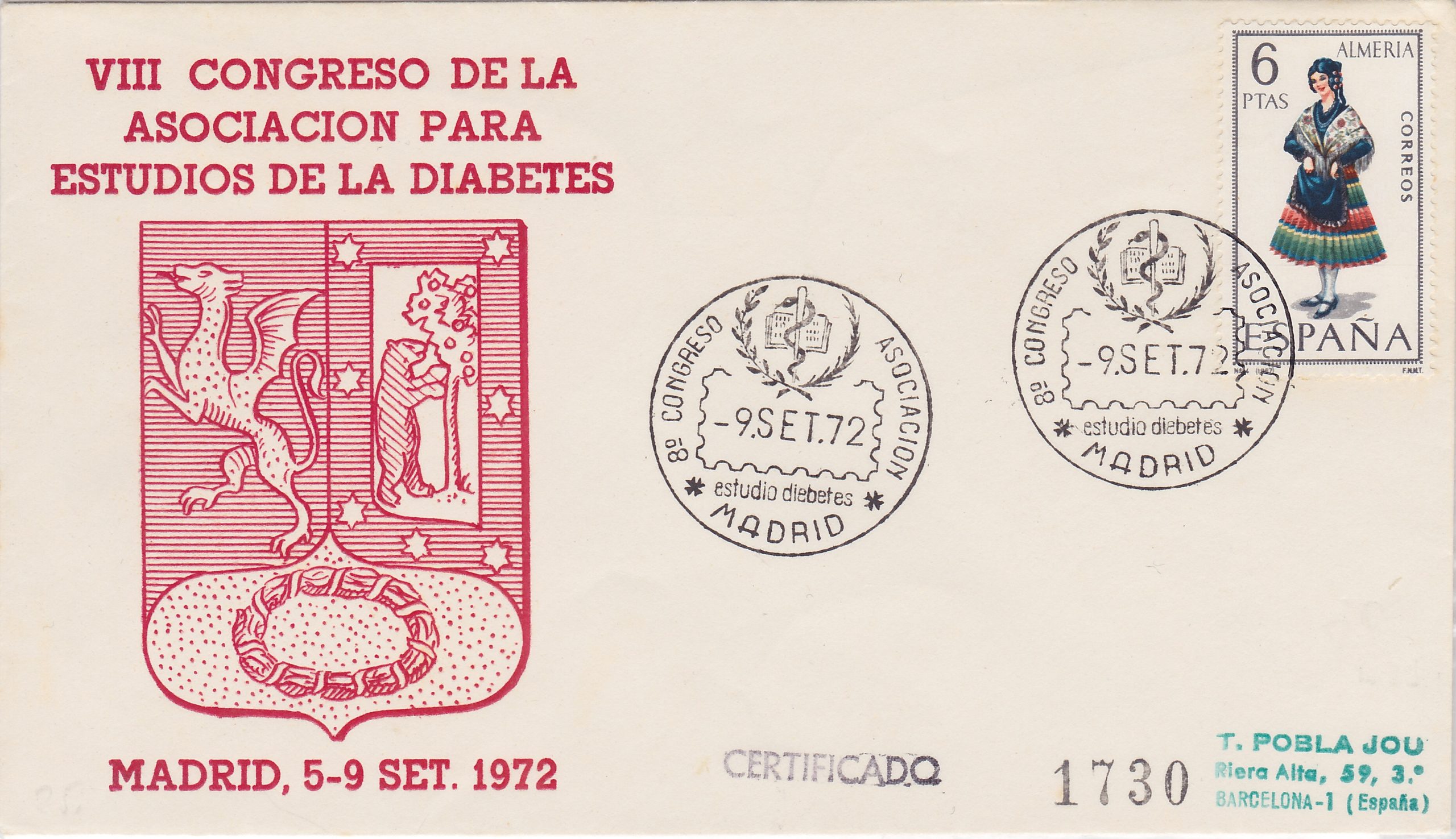 Brief, Spanien, 1972, 8. Kongress von Diabetologen