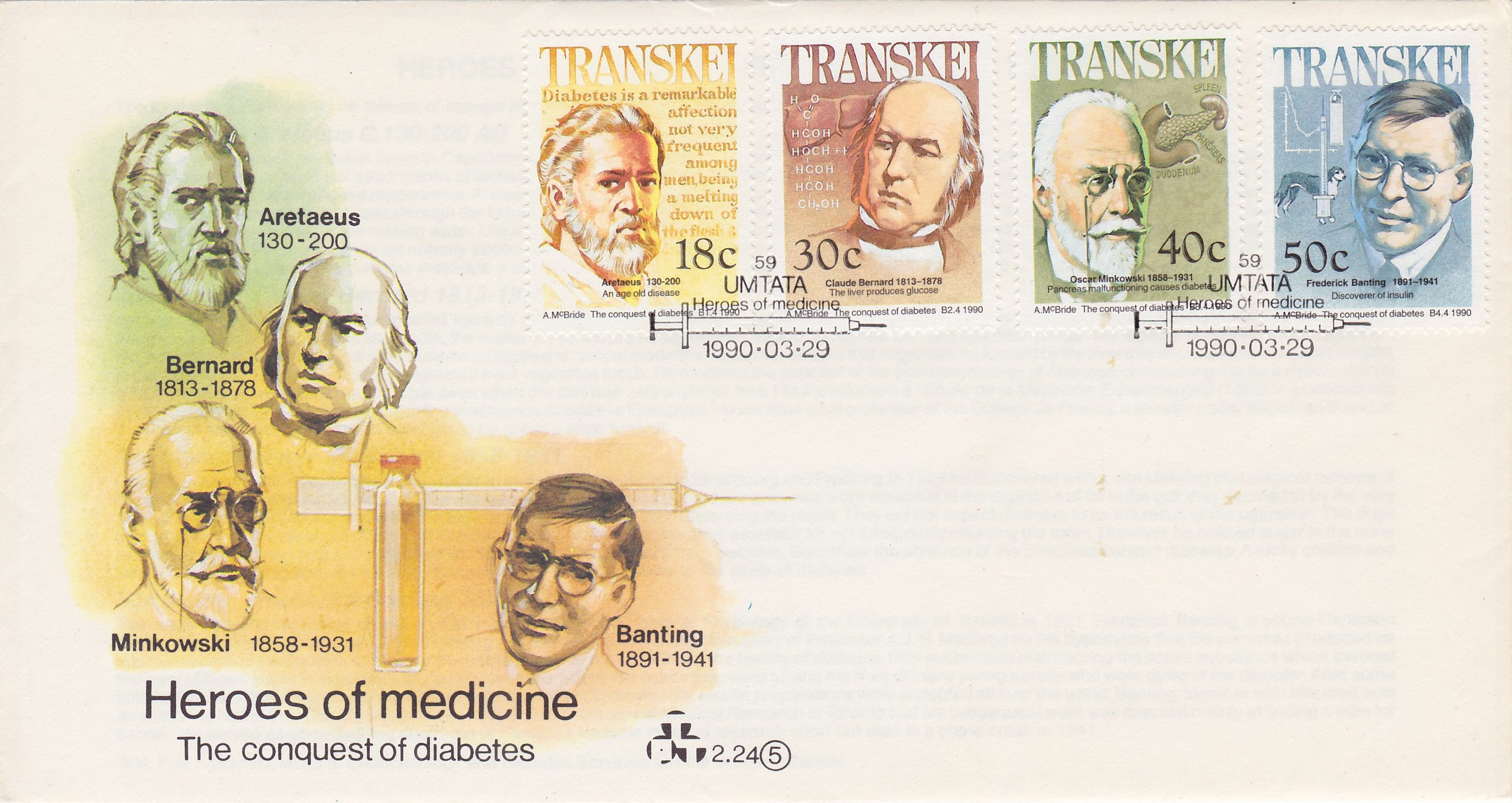 Brief, Transkei, Südafrika, 1990, mit vier Bezwingern des Diabetes u.A. F.G.Banting