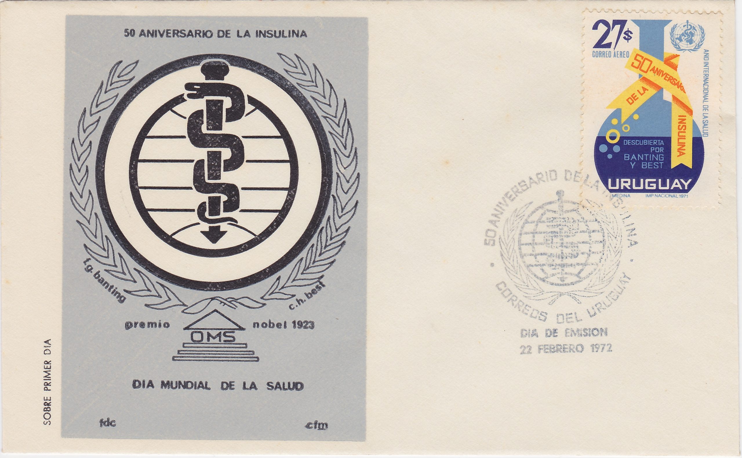 Brief, Uruguay, 1972, 50. Jahrestag der Insulinfindung