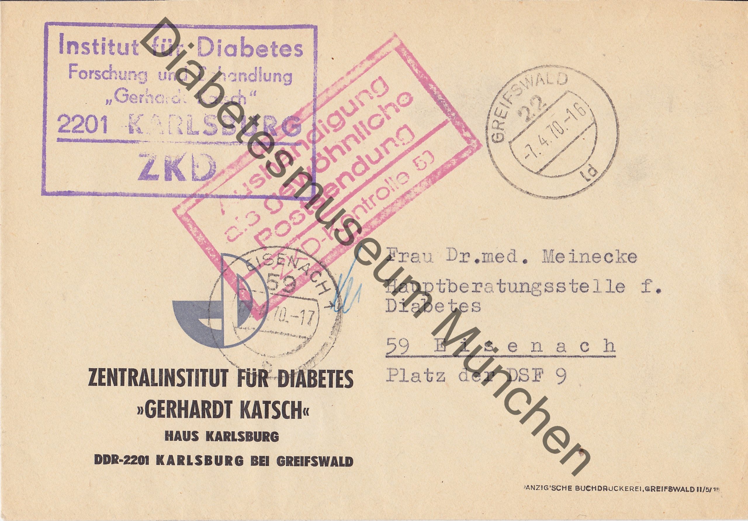 Brief gel. 7.4.1970 DDR, Zentralinstitut für Diabetes in Greifswald
