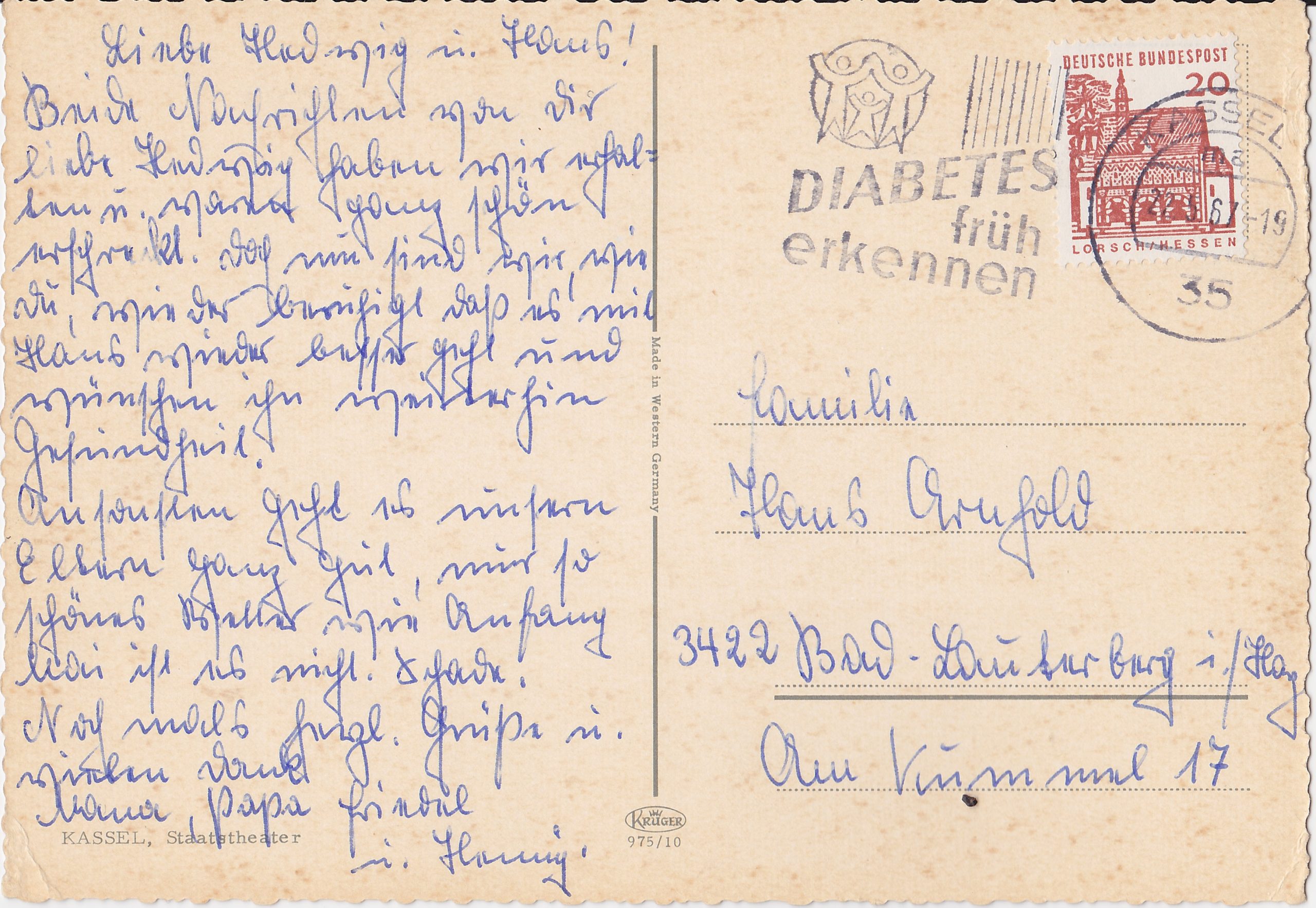 Postkarte gel. 1967 BRD, mit Stempel "Diabetes früh erkennen"