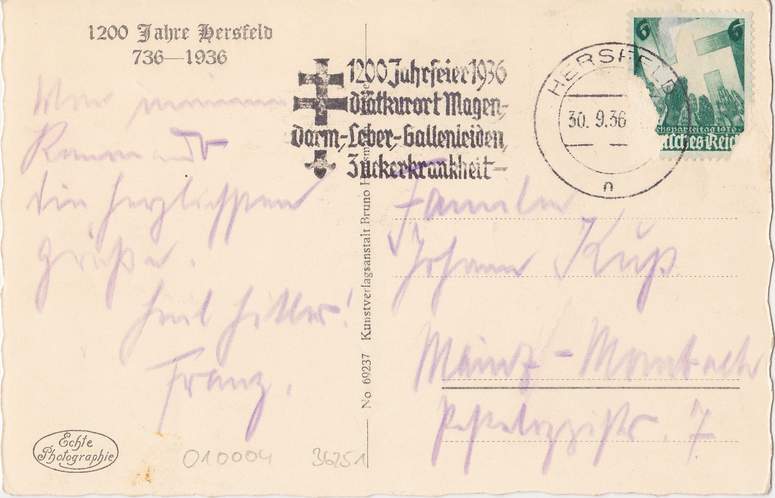 Postkarte, gel. 1936 DR, Stempel "1200 Jahrfeier Diätkurort Hersfeld" u.a. mit Zuckerkrankheit