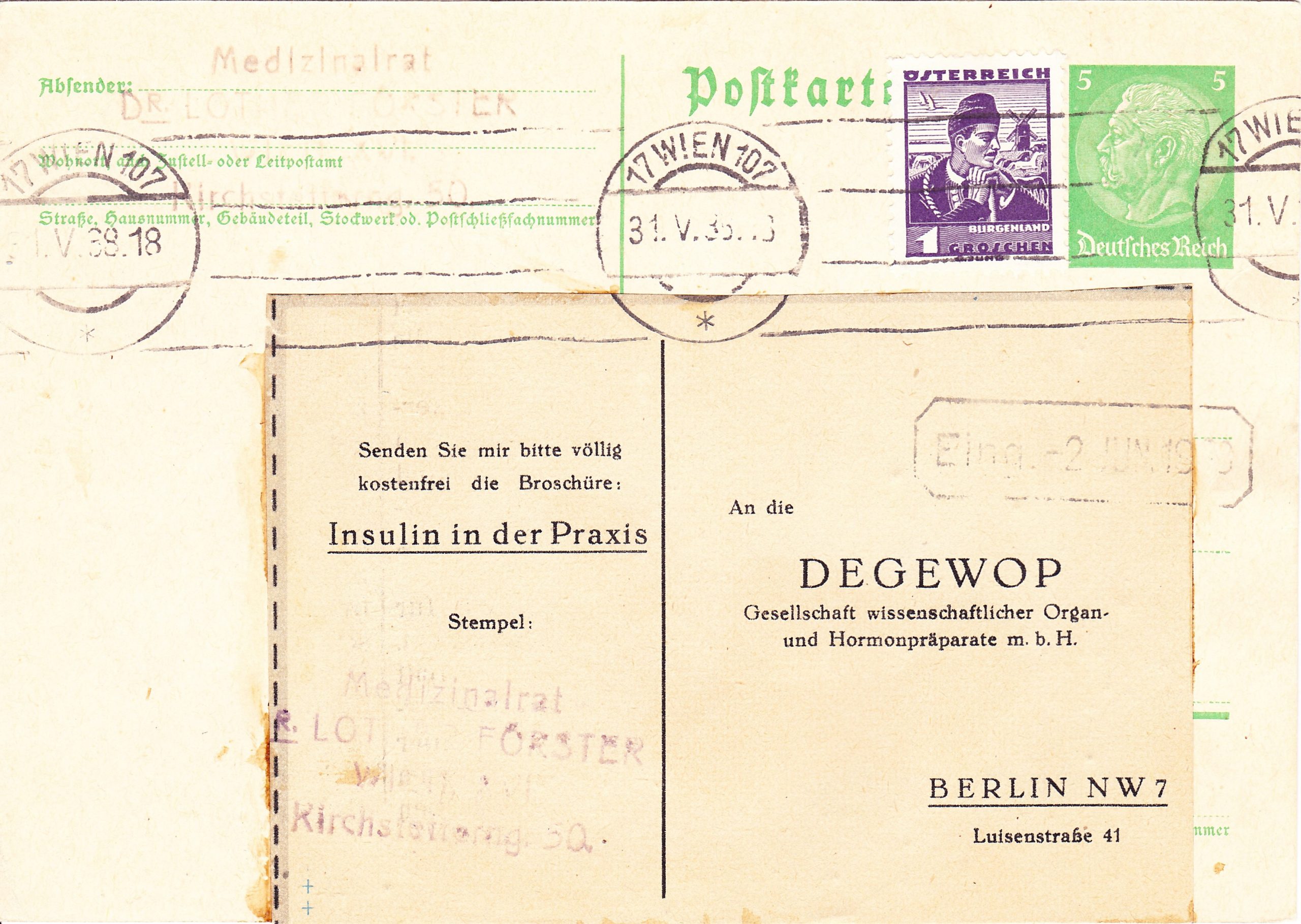 Postkarte, Österreich, 1938, an die Firma Degewop