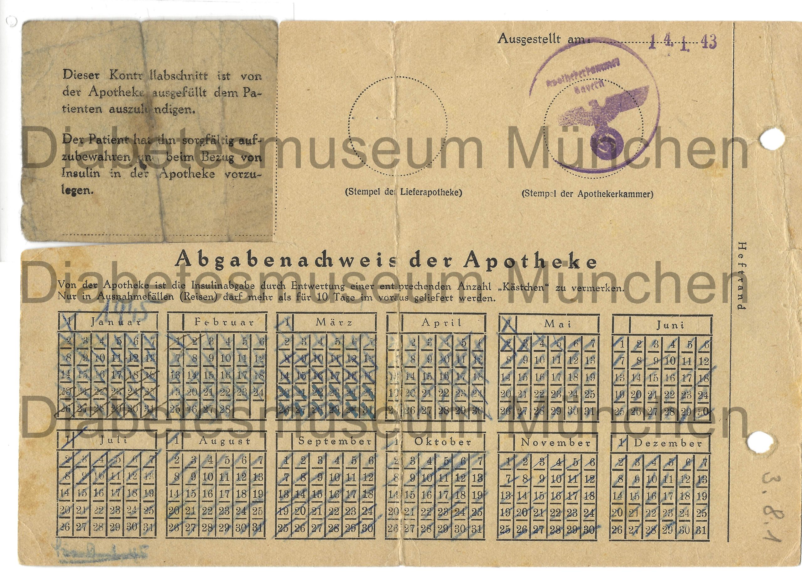 Rückseite Insulinbezugskarte 1943, Deutsches Reich