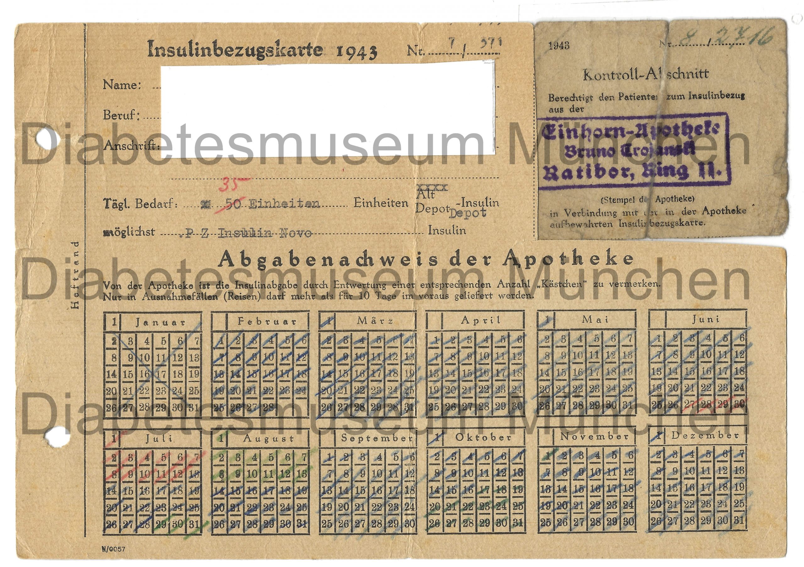 Vorderseite Insulinbezugskarte1943, Deutsches Reich